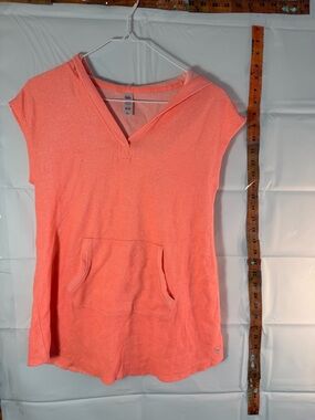 Justice Hoodie Top Girls Size 8/10 Coral Pink Glitter Short Sleeve Hooded Shirt